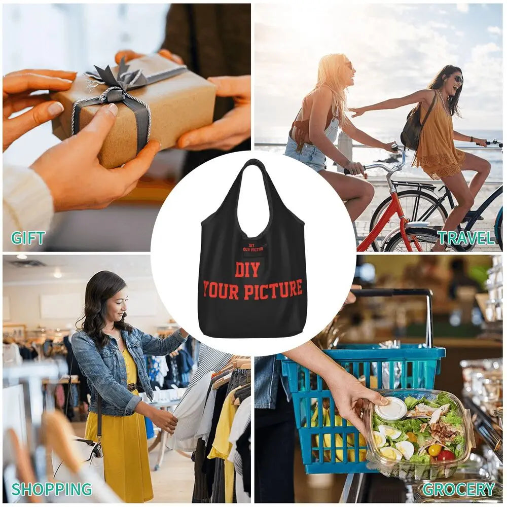 Sac à provisions réutilisable personnalisable avec votre photo, sacs d'épicerie pliables, sacs d'épicerie personnalisés, grands sacs fourre-tout lavables