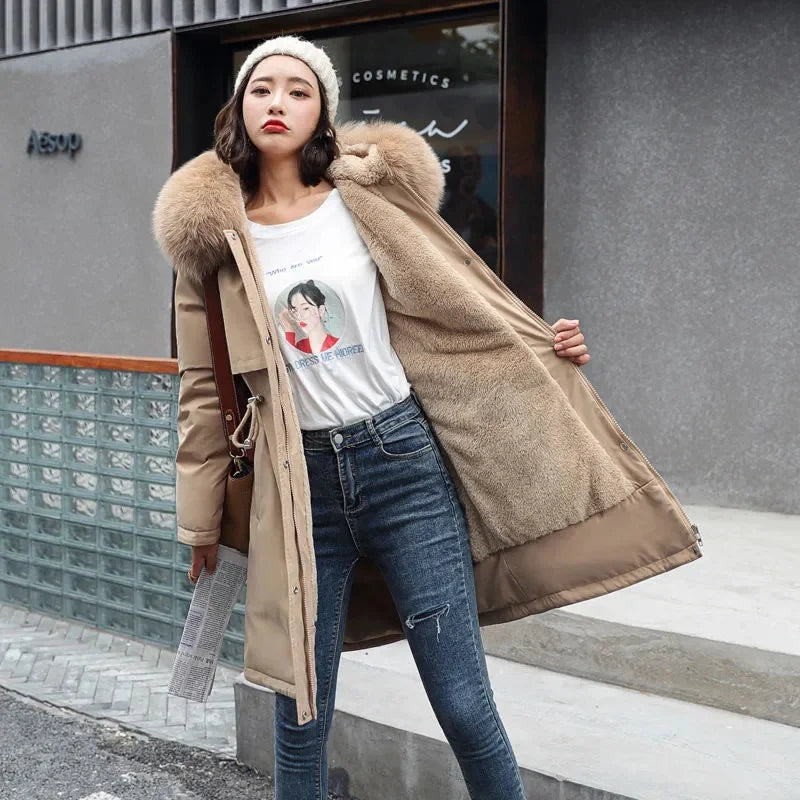 Veste d'hiver 2025 nouvelles femmes Parka vêtements manteau Long doublure en laine veste à capuche col de fourrure épais chaud vêtements de neige rembourré Parka 6XL