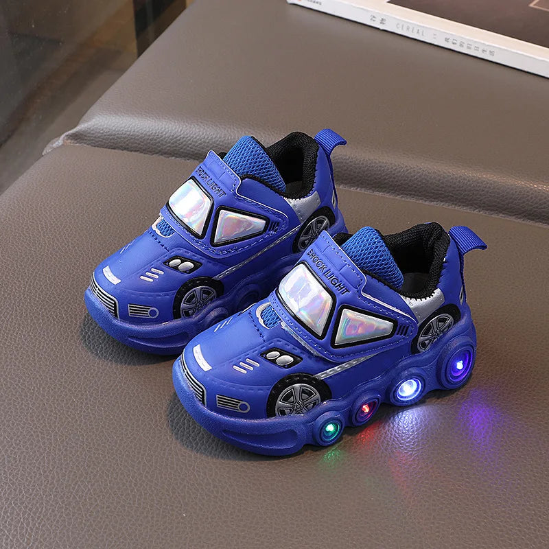 Diseny enfants chaussures décontractées lumière LED voiture Club dessin animé en cuir PU printemps chaussures pour enfants anti-dérapant rouge bleu chaussures taille 21-30