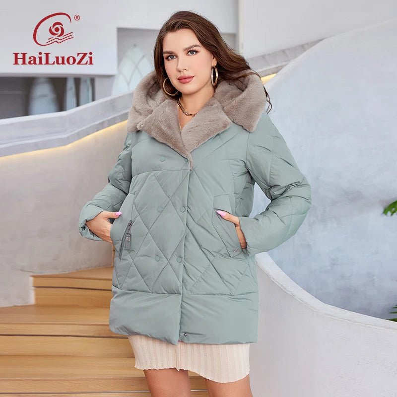 HaiLuoZi-Veste Courte à Capuche avec Fourrure pour Femme, Vêtement d'Hiver de Grande Taille, Design de Matelassage Indépendant, Grandes Poches, Combiné 2023, Nouvelle Collection 1163