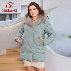HaiLuoZi-Veste Courte à Capuche avec Fourrure pour Femme, Vêtement d'Hiver de Grande Taille, Design de Matelassage Indépendant, Grandes Poches, Combiné 2023, Nouvelle Collection 1163
