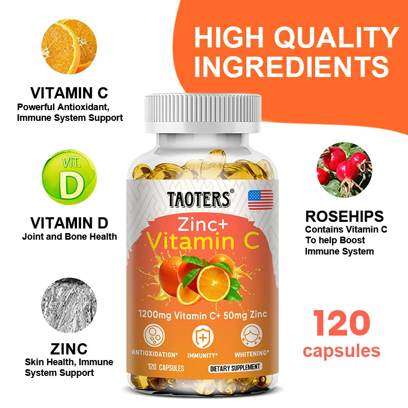 Taoters Supplément Vitamine C + Zinc - Haute Absorption - Système immunitaire, Vitamines pour la santé de la peau - Supplément Antioxydant