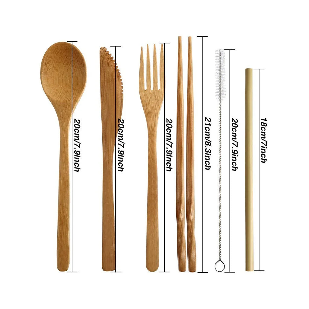 Vaisselle de voyage en bambou, ensemble de couverts en bambou réutilisables avec étui de transport, vaisselle Portable en bois, brosse à dents au charbon de bambou