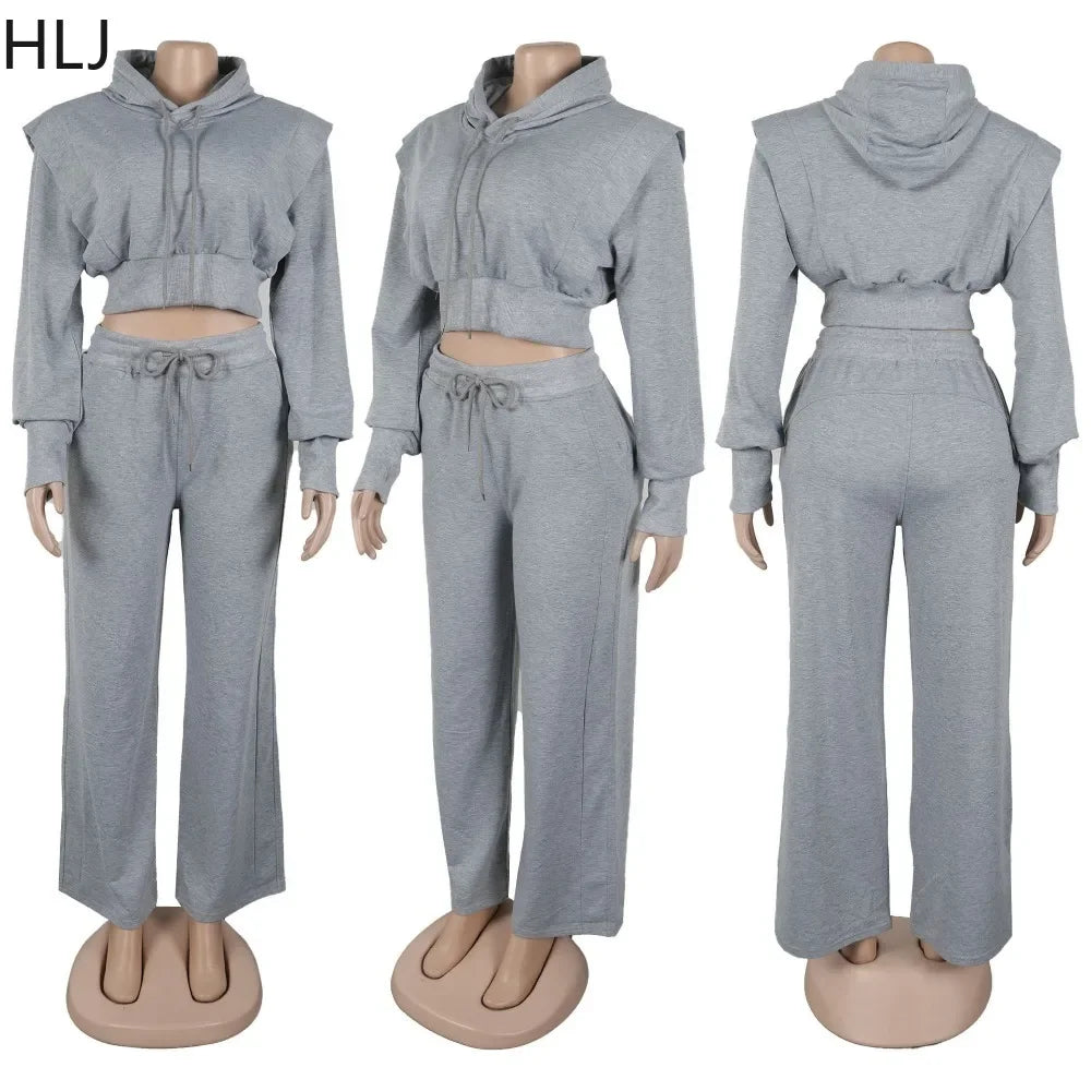 HLJ-Ensemble Deux Pièces Gris Décontracté pour Femme, Haut Court à Manches sulf, Pantalon à Jambes Larges, Survêtement Féminin