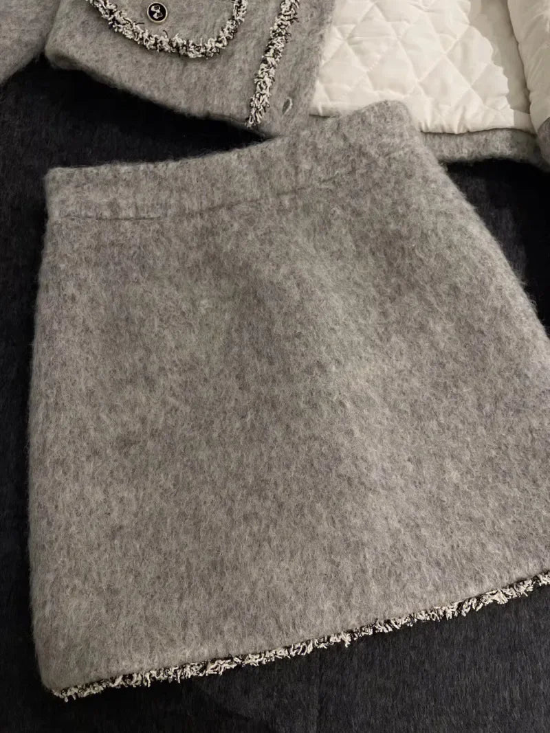 Manteaux matelassés épais mélanges veste en laine grise haut court hiver Vintage mince une ligne jupes femmes deux pièces ensembles costume à nœud Y2k