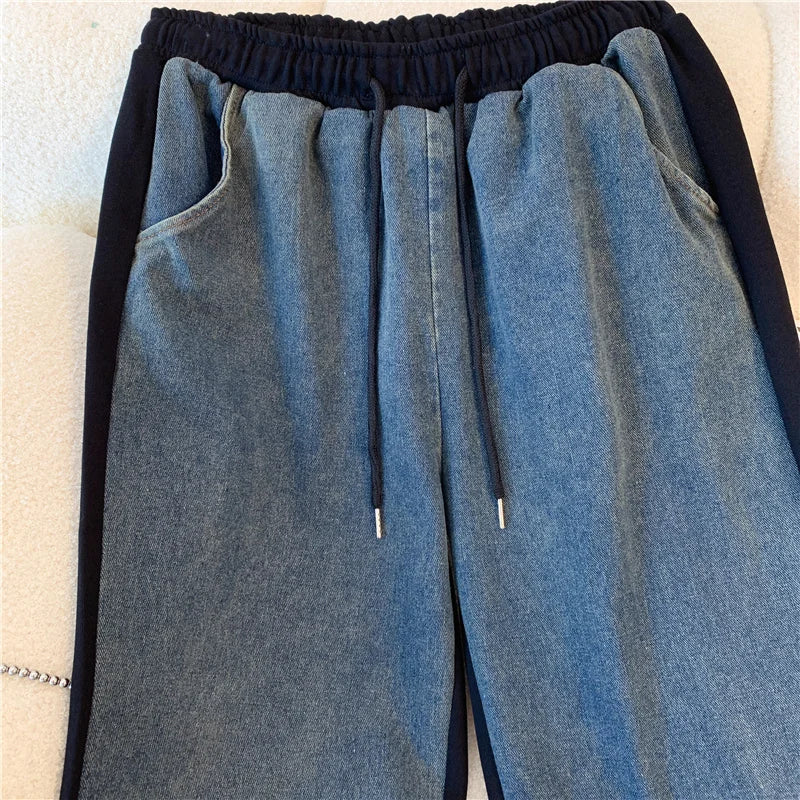 Ensemble pantalon en Denim, col montant, Patchwork, manteaux de rue, hauts à jambes larges, jean gothique droit, Vintage, ensemble deux pièces Simple