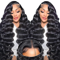 Glueless wigs, pre-plucked pre-cut human hair, loose deep wave lace wig, large wave long curly hair, synthetic headband