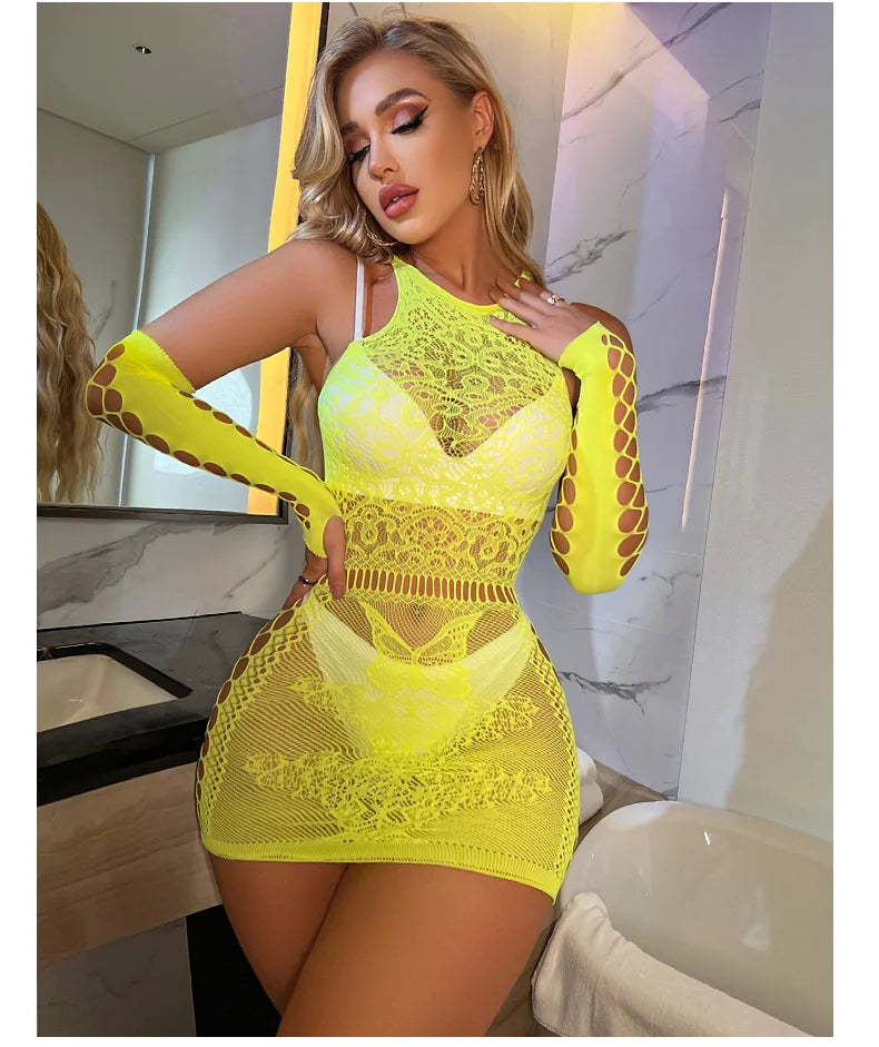 Robe érotique en dentelle pour femmes, Lingerie érotique, chemise de nuit en maille transparente, nuisettes, robe de pyjama transparente