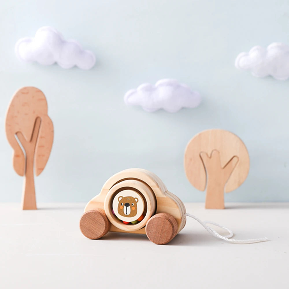 Jouets Montessori en bois pour bébé, 1 pièce, anneau de dentition de Bus de dessin animé, ours en bois de hêtre, voiture pour enfants, jouets éducatifs Montessori, cadeau