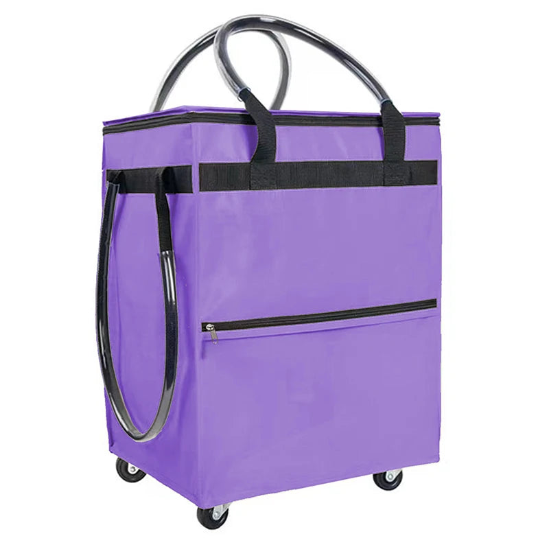 Sac de courses réutilisable à roulettes, sac fourre-tout roulant de voyage de grande capacité, fermeture à glissière, poignée pliable, pas facile à casser