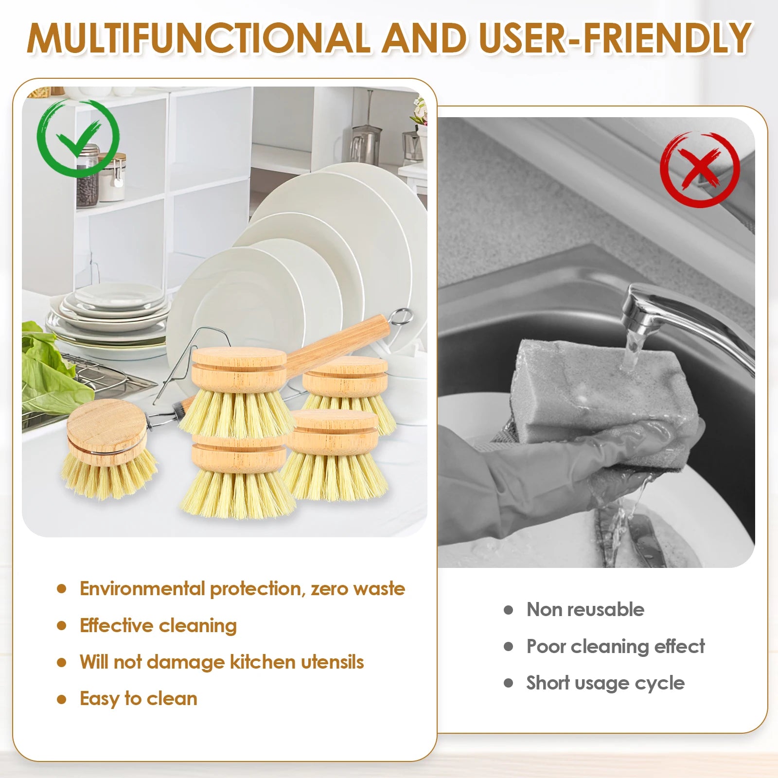 Brosses à vaisselle en bambou remplaçables, épurateurs de nettoyage en bois de cuisine, outil de nettoyage ménager, 4/5 pièces