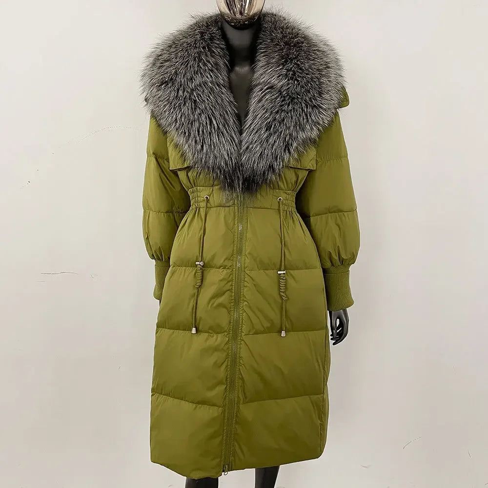 Doudoune longue avec col en fourrure pour femme, pardessus en fourrure de renard, longueur aux genoux, à la mode, chaude, cintrée à la taille, vêtements d'extérieur amincissants