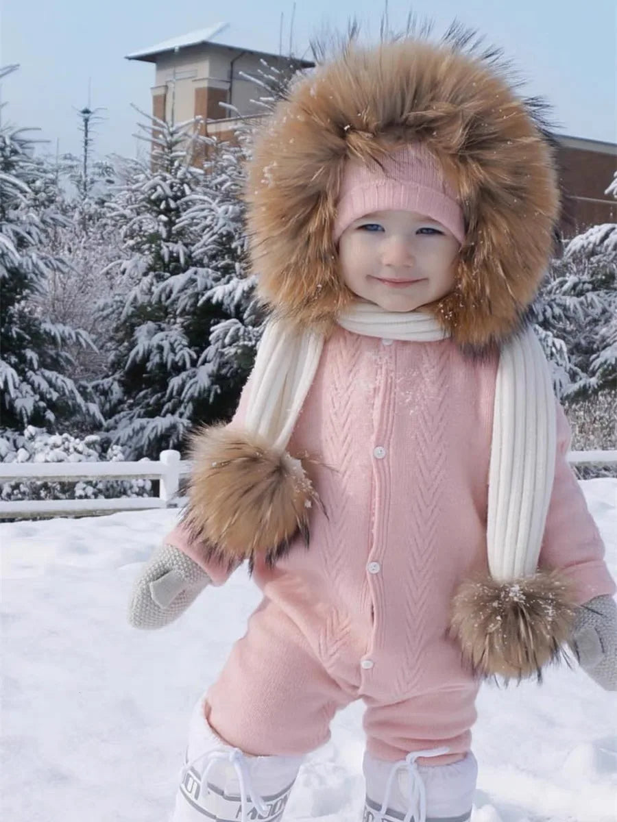 Parent-enfant chapeaux d'hiver mignon bébé fourrure Pompon chapeau écharpe ensembles réel naturel fourrure boule casquettes mère enfants chaud tricoté chapeaux hiver Bea