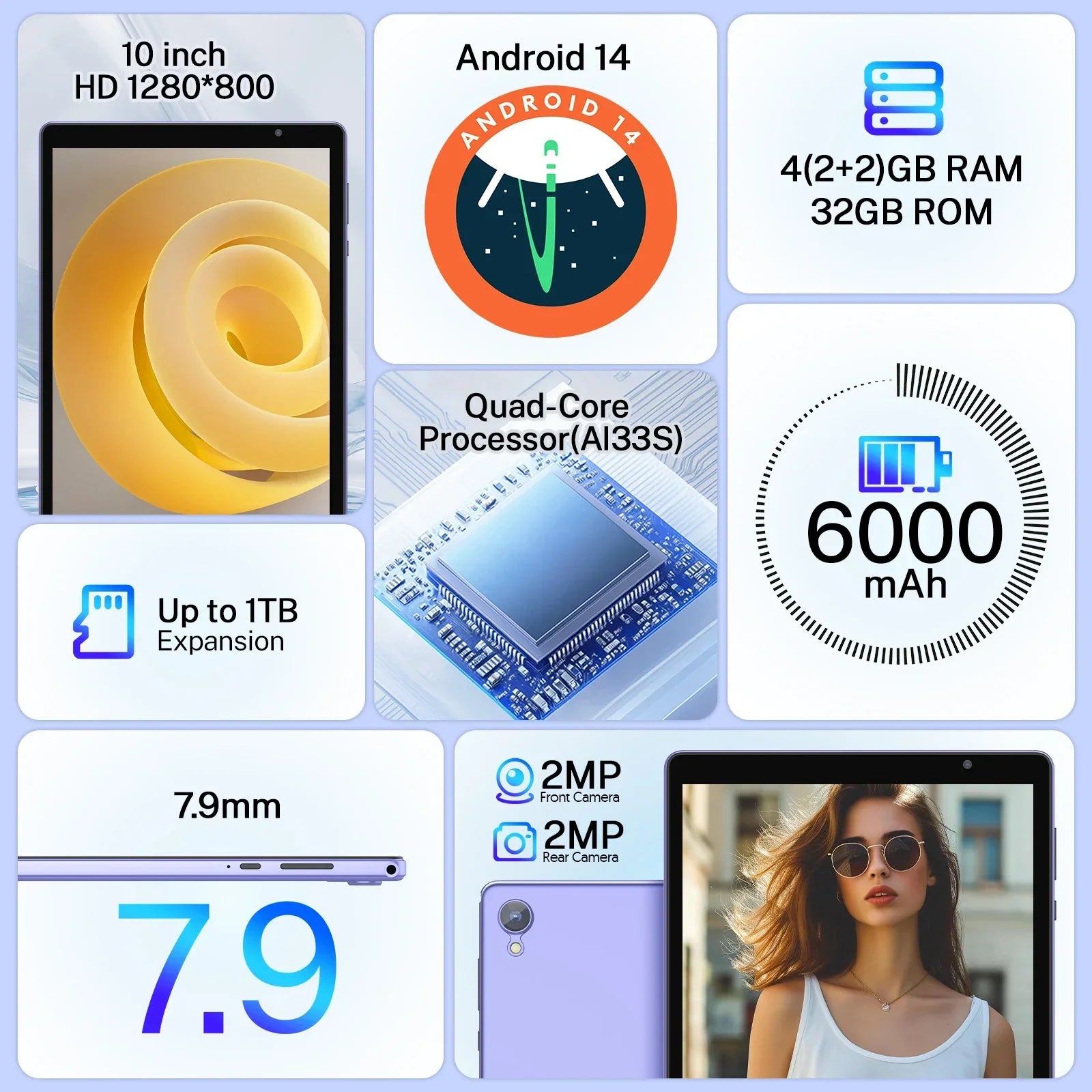 Dernière tablette Android 14, tablette 10 pouces, processeur Quad-core, WiFi 5G, 4 Go de ROM + 32 Go de RAM, résolution 1280 x 800, batterie 6000 mAh