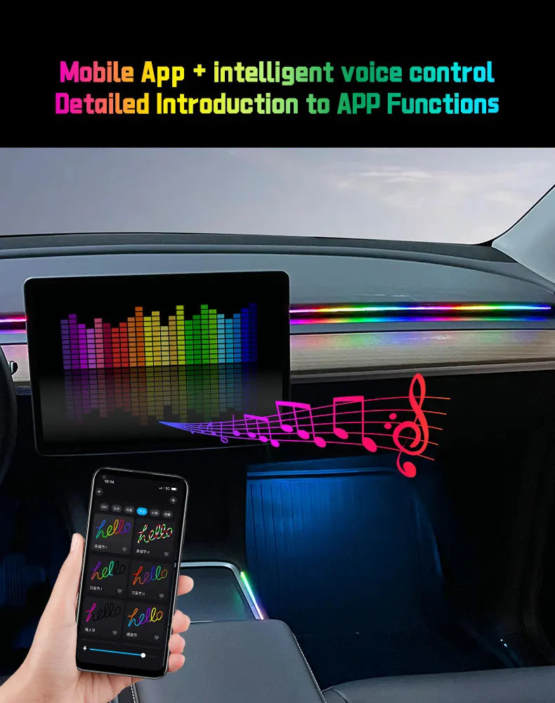Lumière ambiante LED USB pour voiture, bandes acryliques 64 couleurs, RVB pleine couleur, intérieur de voiture, application cachée, télécommande, lampe de escale, 110cm