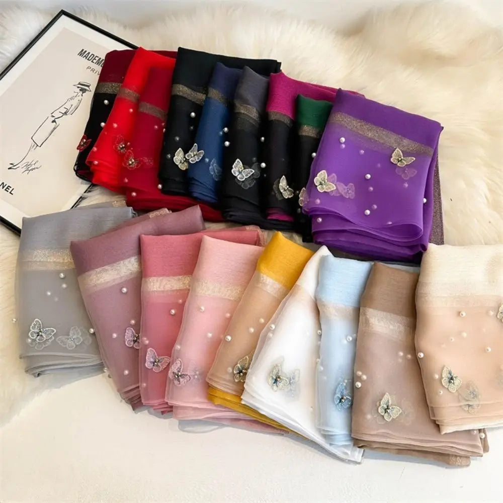 Grand Foulard Fin et Élégant avec Broderie Papillon, Châle Hijab de Luxe pour Femme