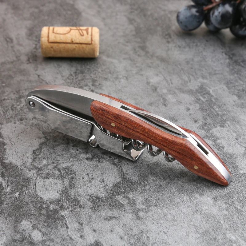 Tire-bouchon de serveur avec manche en bois de poire rouge pour bouteille de bière ou de vin, facile à transporter pour les amateurs de pique-nique, accessoires de cuisine ou Barman