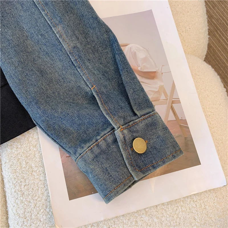 Ensemble pantalon en Denim, col montant, Patchwork, manteaux de rue, hauts à jambes larges, jean gothique droit, Vintage, ensemble deux pièces Simple