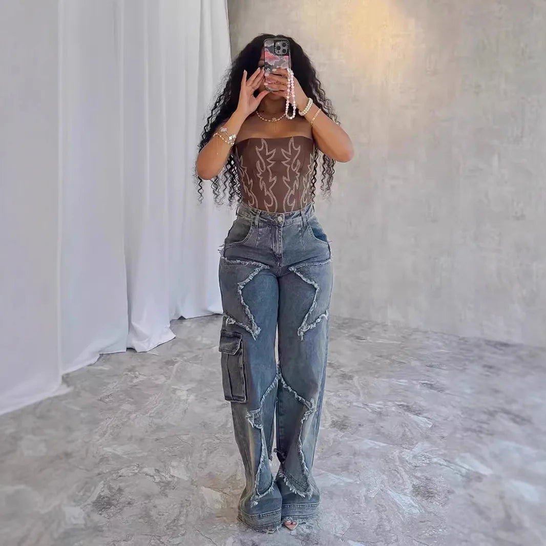 Women's relaxed, straight-leg, wide-leg denim jeans with star tassel detail, comfortable, loose fit, new autumn/winter collection