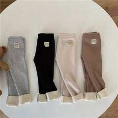 Girls' fleece-lined leggings, warm winter stretch pants with bear patch, soft pants for children aged 1-6 years