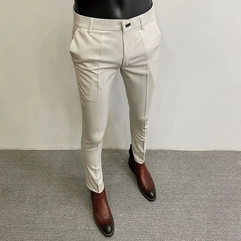 Men's Suit Formal Trousers, Men's Stretch Slim Fit Solid Color Casual Outfit Full Length Trousers, Fashion New Men's Clothing