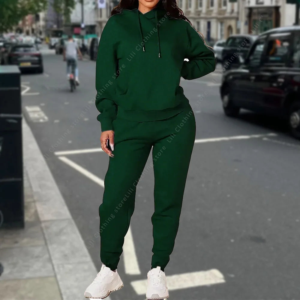 Ensemble deux pièces à capuche et pantalon pour femme, basique, vierge, automne-hiver, sweat-shirt surdimensionné, coupe ample, survêtement féminin