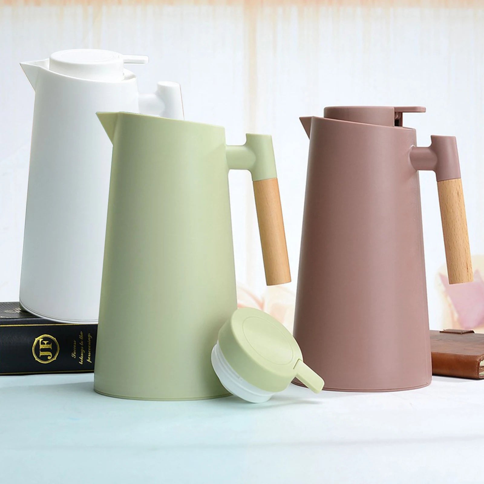 Carafe à café thermique sous vide à double paroi, pot thermos avec poignée en bois, bouilloire isolée, garde au chaud et au froid, 1L