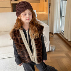 Manteau d'hiver pour filles, nouvelle mode, style occidental, fourrure intégrée, imprimé léopard, gilet en fourrure, tenue chaude quotidienne, 2025