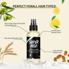 Spray d'apprêt capillaire revitalisant 100g – Contrôle des frisottis, lait d'avoine de noix de coco et d'amande, sans lavage, sans rinçage, lisse et brillant