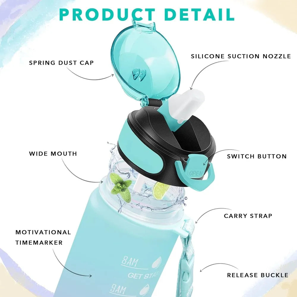 Bouteille d'eau potable de 32 oz avec fois pour boire et paille, motivation avec sangle de transport, étanche BPA et sans toxique