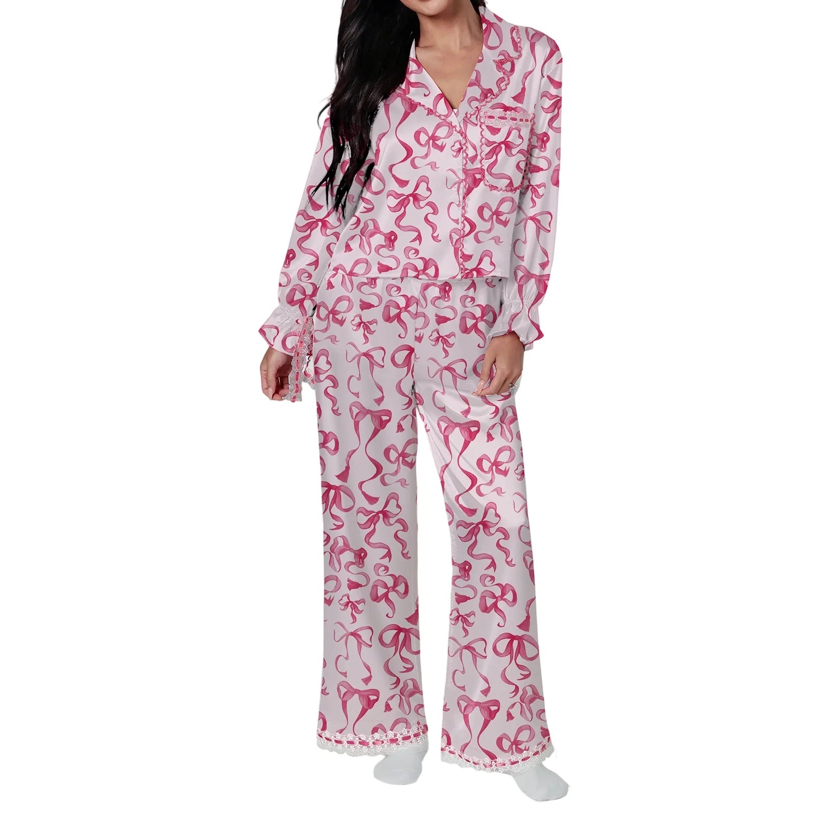 Ensemble pyjama de noël 2 pièces pour femmes, imprimé père noël/arc, dentelle en Satin, à nouer, manches longues, chemises à boutons, pantalons, vêtements de nuit