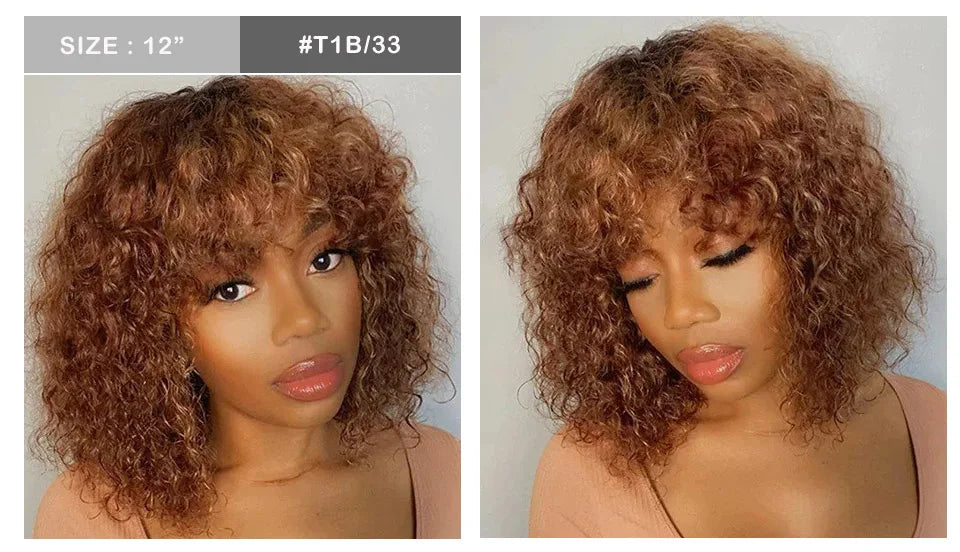 Perruques de cheveux humains Pixie Cut Bob avec frange pour femme, perruque pleine machine bouclée, surbrillance, couleur blond miel, court, caution