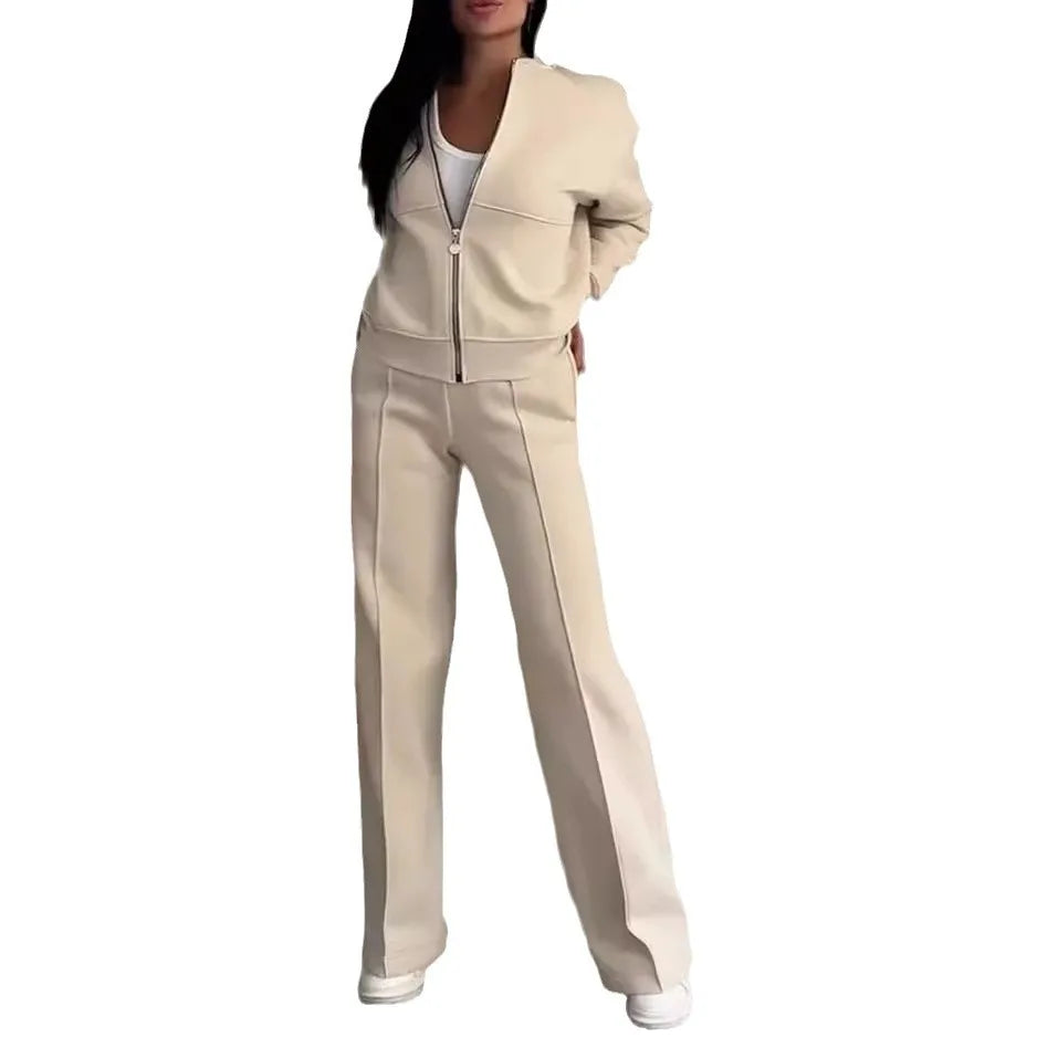 Women's two-piece casual set, solid color, sweatshirt, long sleeves, zip-up coat, long pants, pockets, elegant, autumn/winter 2025