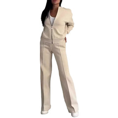 Women's two-piece casual set, solid color, sweatshirt, long sleeves, zip-up coat, long pants, pockets, elegant, autumn/winter 2025
