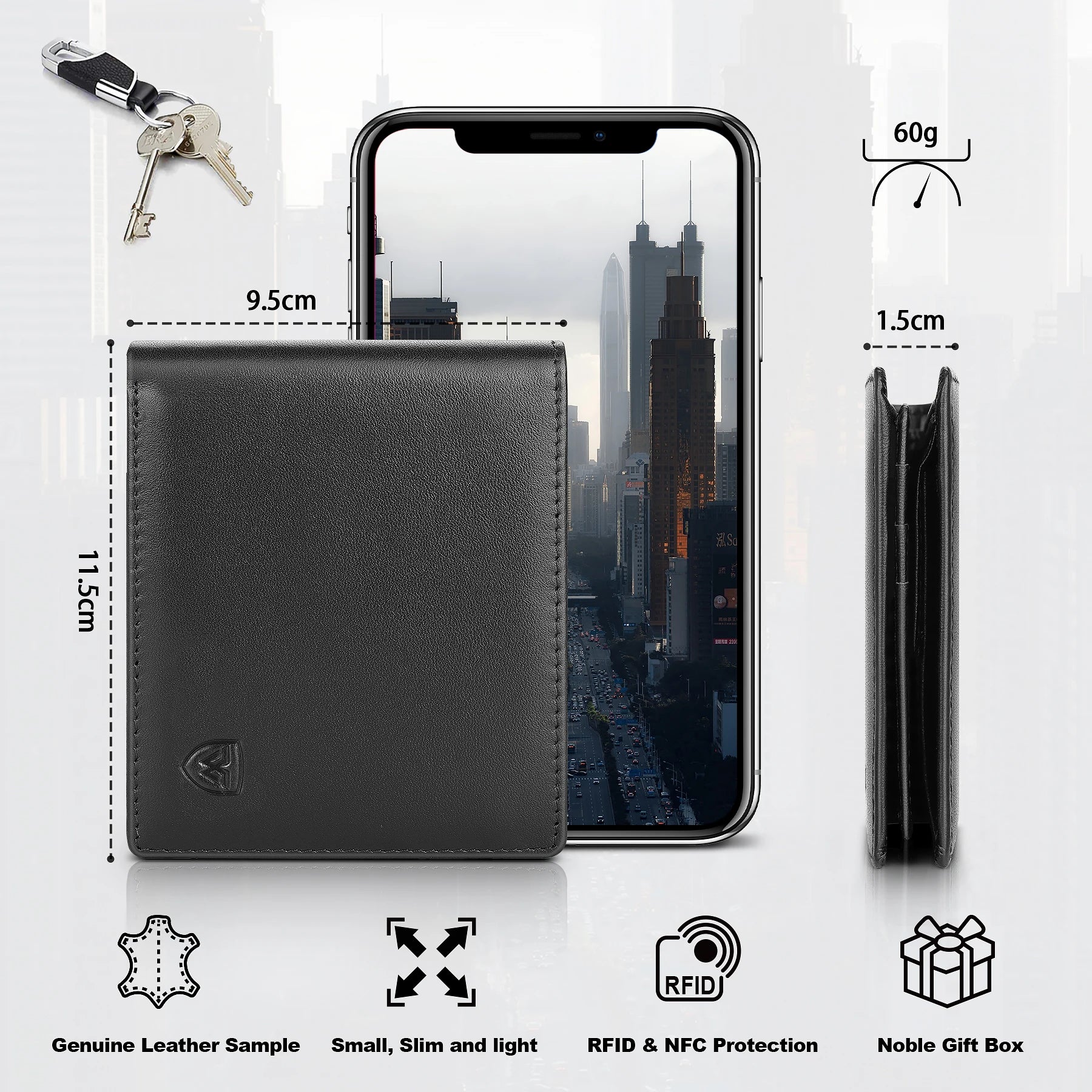 Portefeuille en cuir véritable pour hommes, classique, noir, souple, poche pour monnaie, porte-carte de crédit