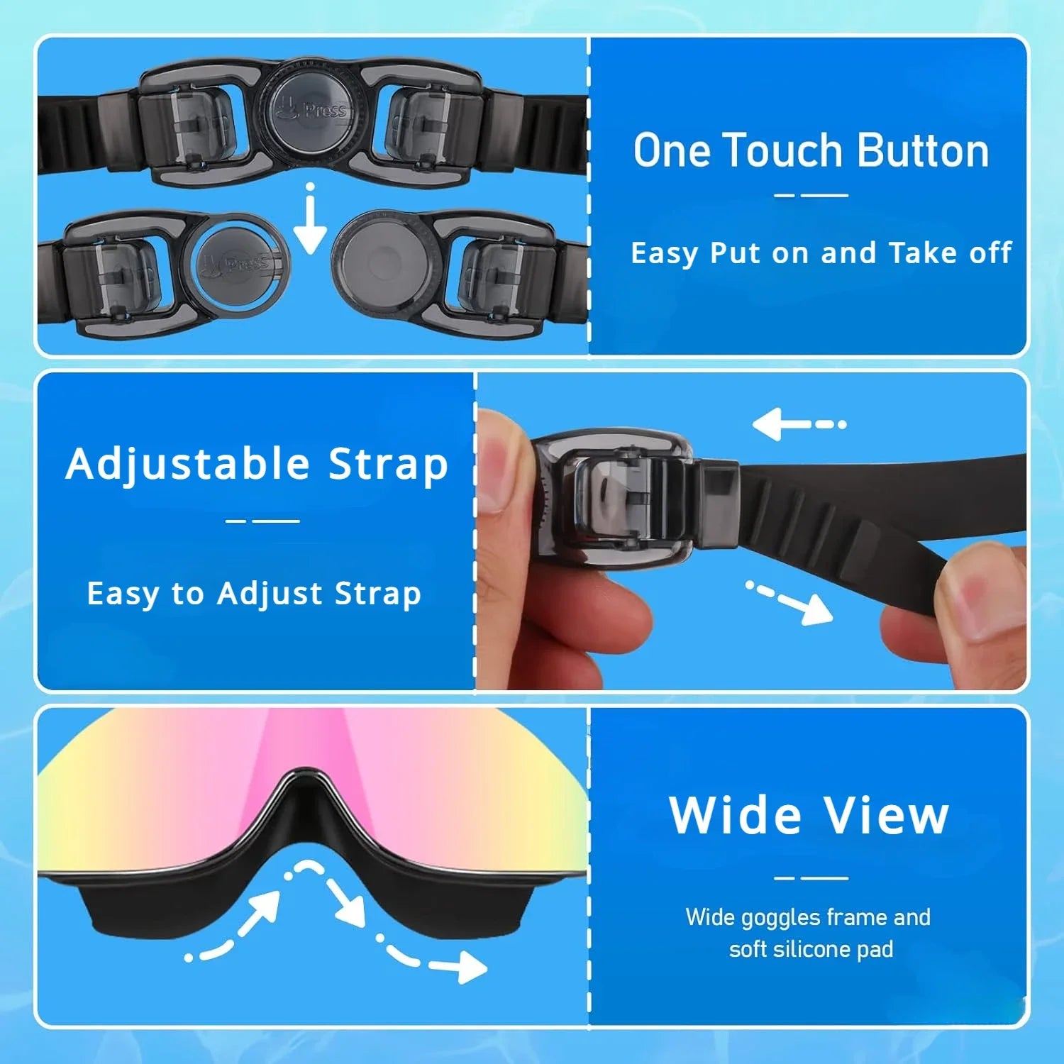 Lunettes de natation polarisées pour enfants de 4 à 16 ans, avec spray de brouillard, bouchon d'oreille à clip antarctique, vue large, anti-buée et anti-fuite