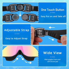 Lunettes de natation polarisées pour enfants de 4 à 16 ans, avec spray de brouillard, bouchon d'oreille à clip antarctique, vue large, anti-buée et anti-fuite