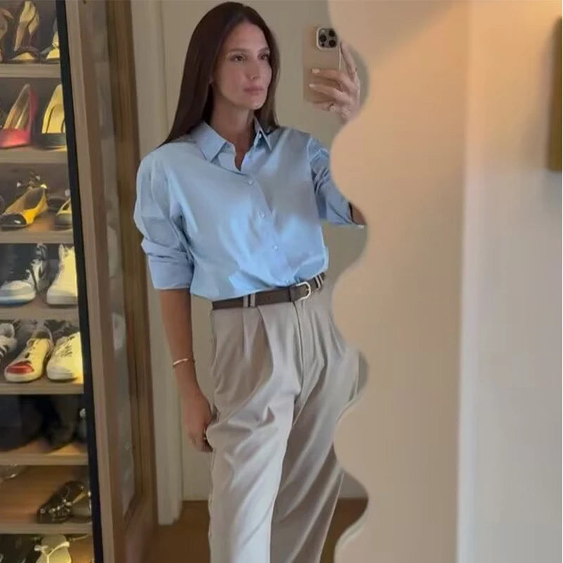 HXAO 2025 femme Blouses longues chemises à rayures femmes printemps été à manches longues bleu blanc chemise femme grands hauts chemises boutonnées