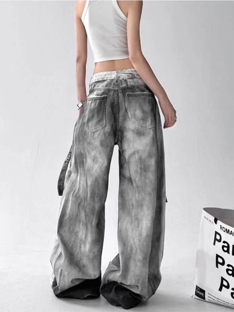 Femmes jean pantalon américain haute rue déchiré droit jambe large jean pour femmes conception cravate-teinture Jazz danse Cargo pleine mince jean