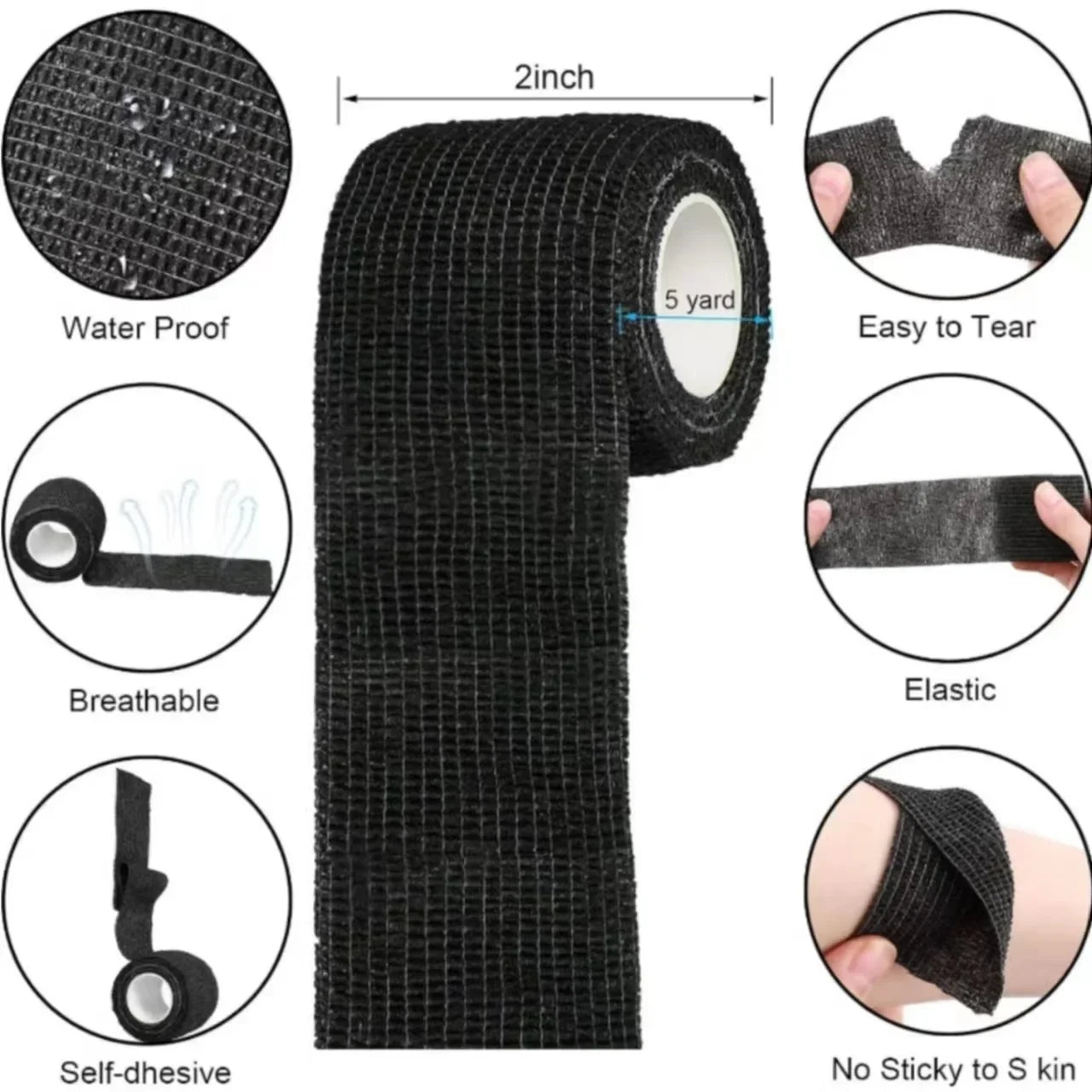 Bandages auto-adhésifs noirs, 10/20 pièces, élasticité cohésive, respirants, imperméables, bande de sport, poignet, cheville, premiers secours