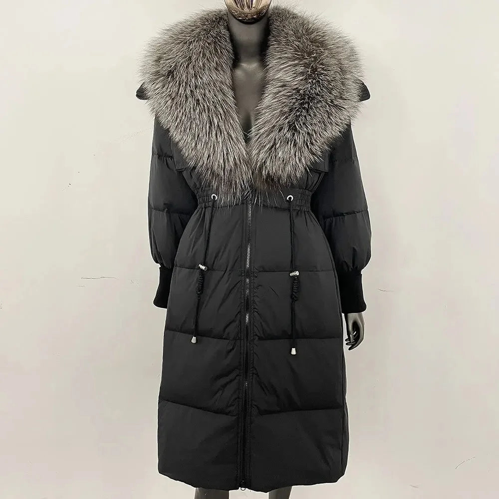 Doudoune longue avec col en fourrure pour femme, pardessus en fourrure de renard, longueur aux genoux, à la mode, chaude, cintrée à la taille, vêtements d'extérieur amincissants