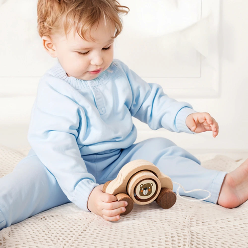 Jouets Montessori en bois pour bébé, 1 pièce, anneau de dentition de Bus de dessin animé, ours en bois de hêtre, voiture pour enfants, jouets éducatifs Montessori, cadeau