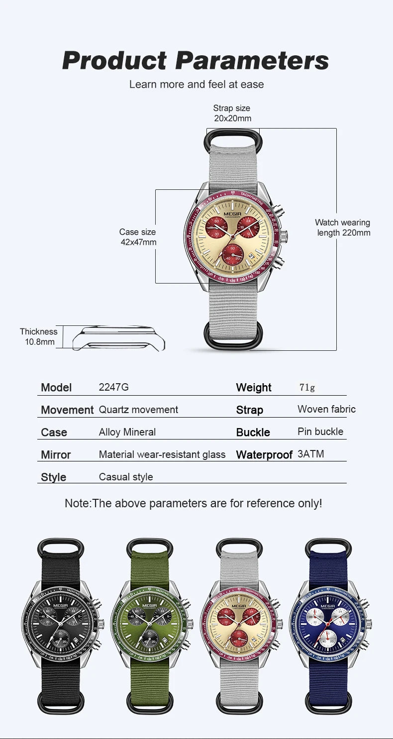 MEGIR montre à Quartz à trois yeux pour hommes bracelet tressé en Nylon étanche sport lumineux avec chronographe montre-bracelet de mode homme