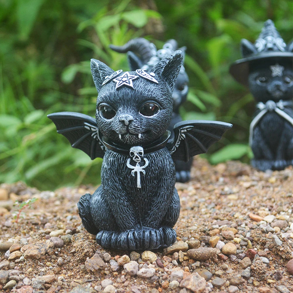 Figurine décorative d'halloween, Sculpture de chat sorcière de jardin, Statue de chaton gothique, chat magique noir, hibou, ornement de magicien, Miniature mignonne