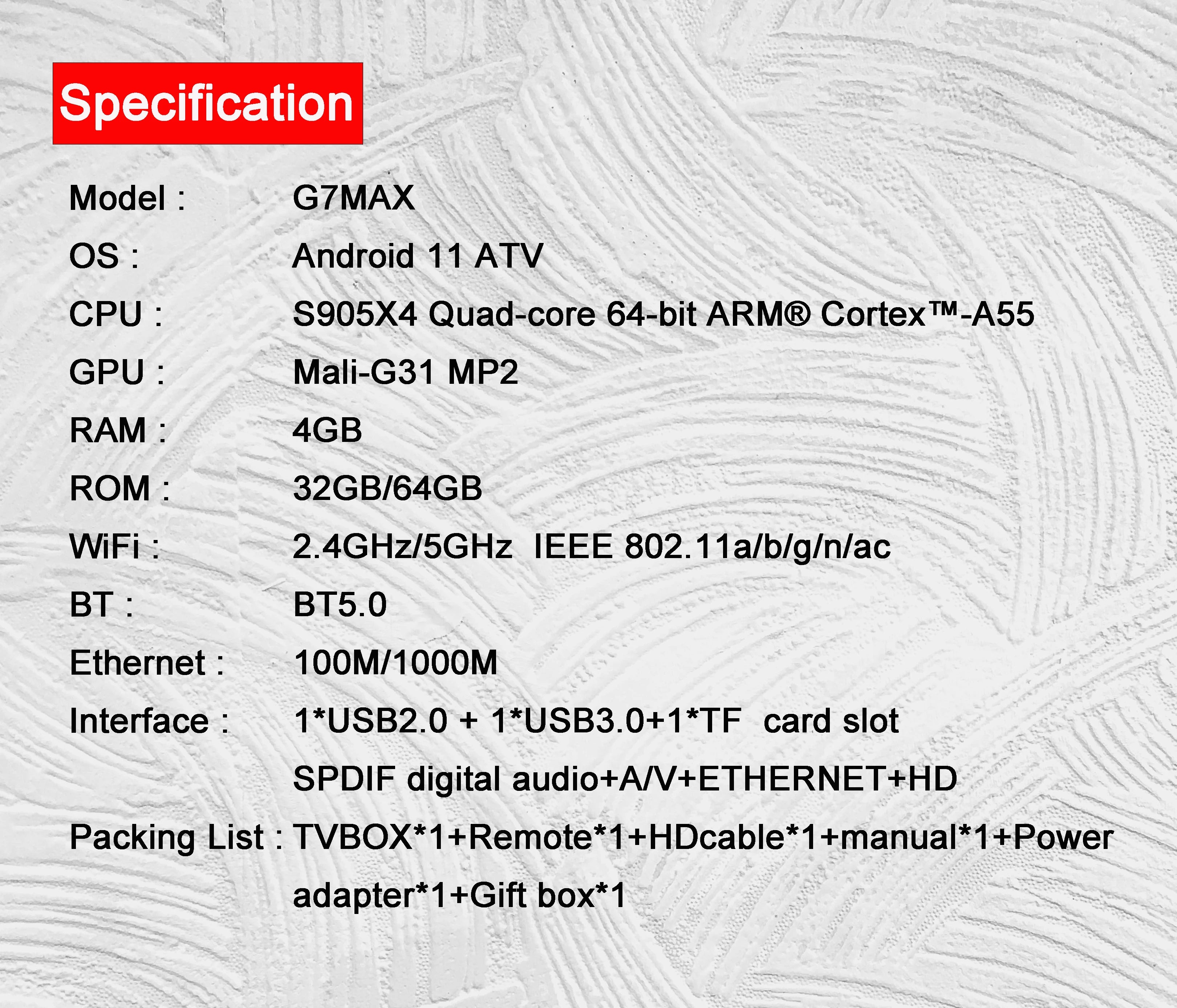 G7 Max Smart TV Box Android 11 S905X4 4GB 64GB 1000M AV1 4K HD 2.4GHz/5GHz double Wifi USB3.0 décodeur lecteur multimédia 4GB 32GB