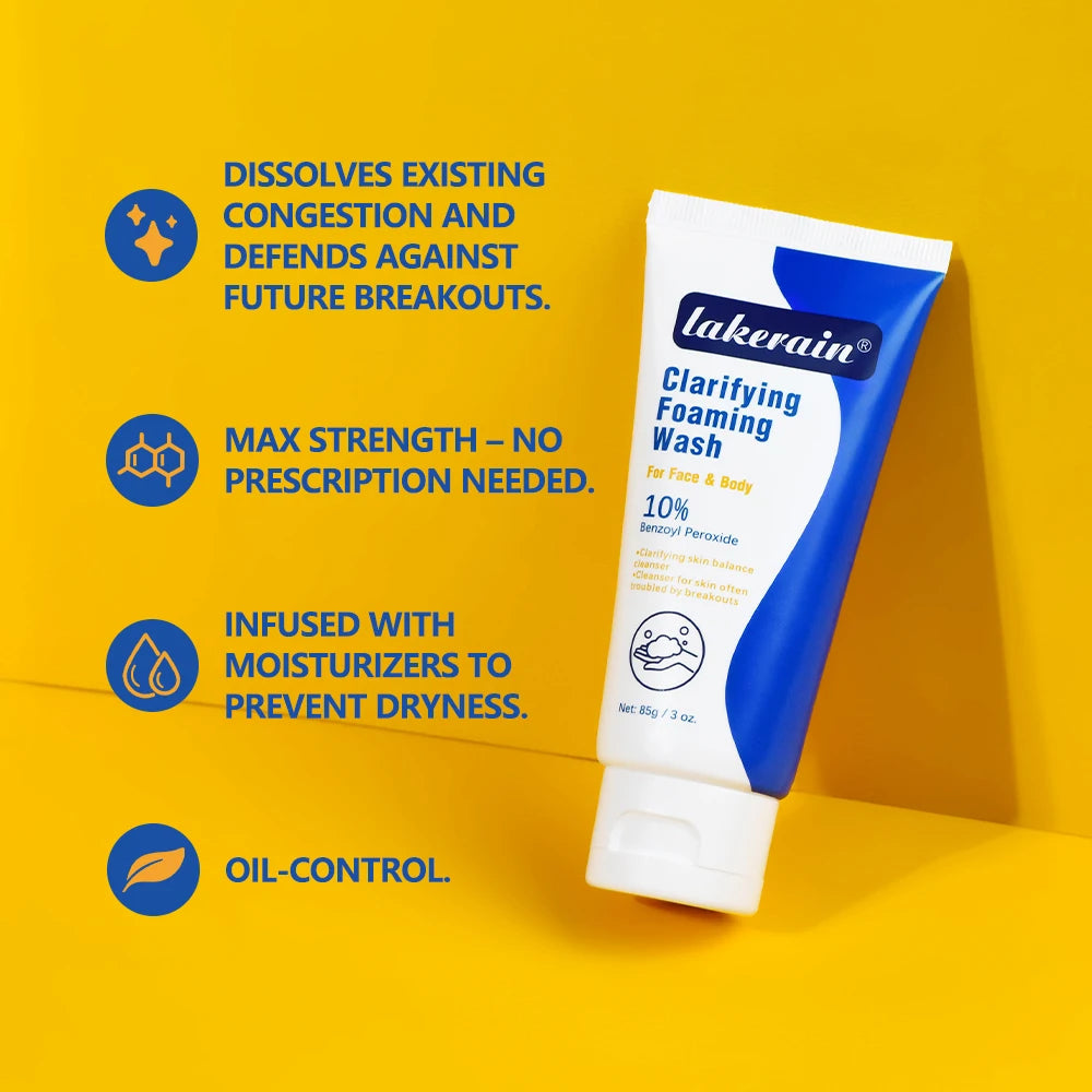 Lavage moussant contre l'acné, peroxyde de benzoyl, 10% Maximum antimicrobie, contrôle de l'huile, réduit les rougeurs, nettoyage en profondeur pour les soins de la peau du visage et du corps