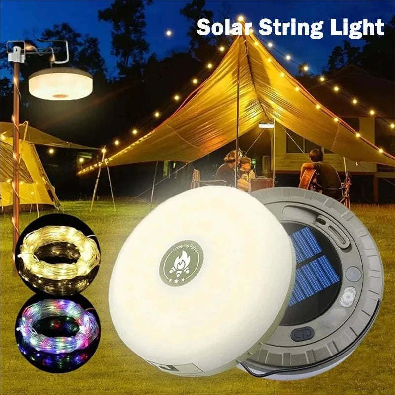 Solar lights, outdoor camping light, 10-meter string light, outdoor tent light, RGB atmosphere light, LED flashlight with hook