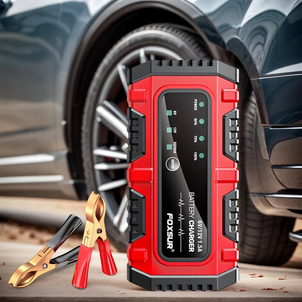 6V 12V 1.5A Electric Car Battery Charger, for Electric Motorcycles, Smart, for Car, Truck, Boat, SUV, AGM GEL Lead-Acid Batteries
