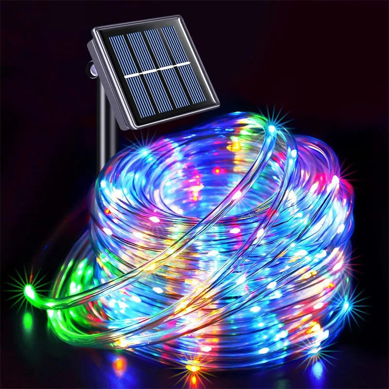 Solar string lights, outdoor tube rope lights, waterproof tube lights for outdoor home, garden, parties, and decorations. LED outdoor lights.