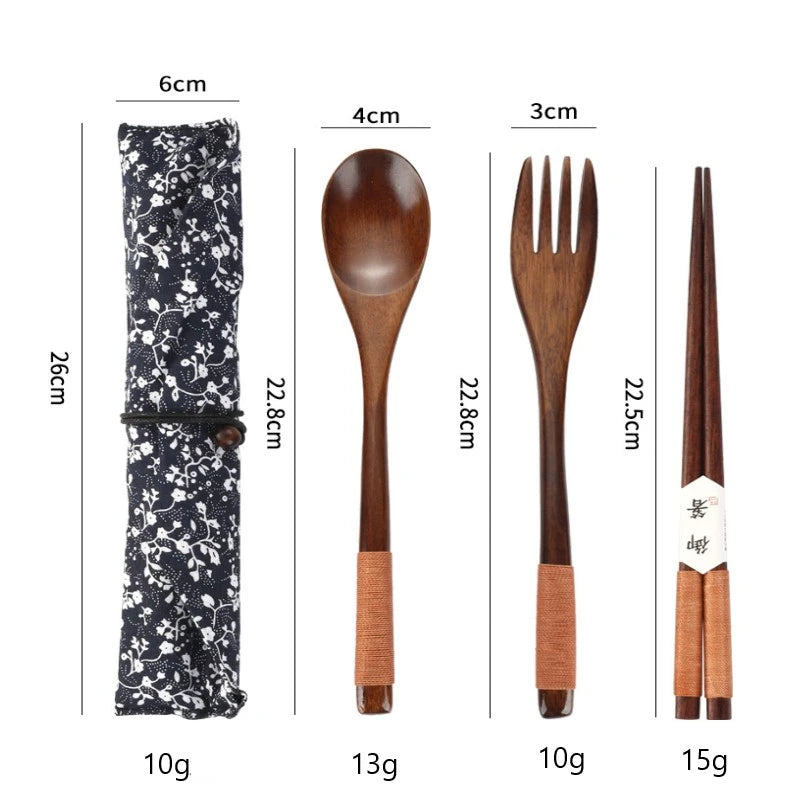 Ensemble de vaisselle en bois cuillère fourchette baguettes avec sac en tissu ensemble de couverts en bois vaisselle couverts fournitures ménagères portables